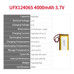 중국 리튬 이온 셀 공장 블루투스 스피커 배터리 생산 UFX 124065 4000mAh 3.7V 리튬 폴리머 배터리