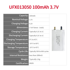 폴리머 리튬 이온 전지 제조업체 신발용 난방용 저온 배터리 도매 UFX 013050 100mAh 3.7V 곡선형 리튬 이온 폴리머 배터리