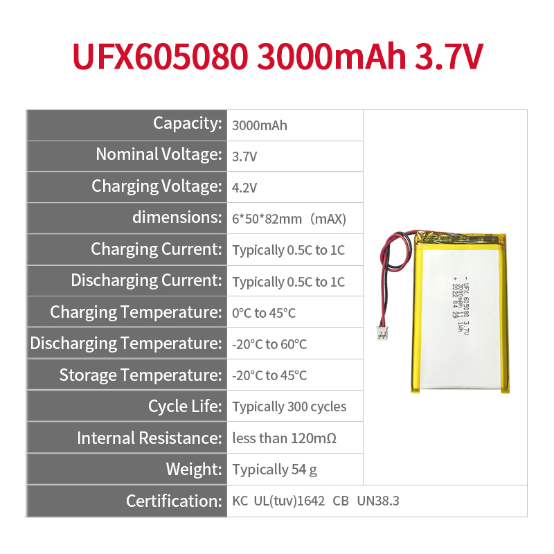 Lipo Cell Manufacturer Wholesale High Quality Massager Battery UFX 605080 3000mAh 3.7V UL Certificate