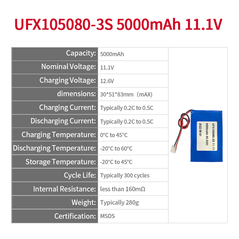 중국 리튬 이온 전지 제조사 마이크 배터리 도매 UFX 105080 3S 5000mAh 11.1V 미니 리튬 폴리머 배터리