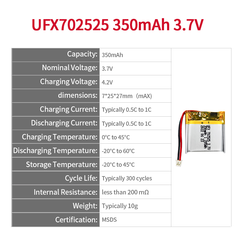 리포 셀 제조업체 도매 미용기기 배터리 UFX 702525 350mAh 3.7V 충전식 Li-po 배터리