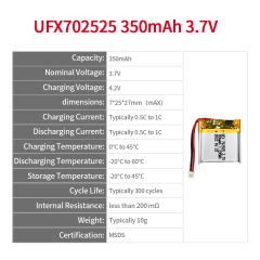 리포 셀 제조업체 도매 미용기기 배터리 UFX 702525 350mAh 3.7V 충전식 Li-po 배터리