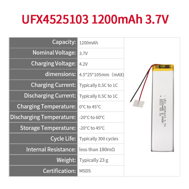 리튬 이온 충전식 전지 공장 조명용 전지를 공급하다 UFX 4525103 1200mAh 3.7V 충전식 리튬 폴리머 배터리