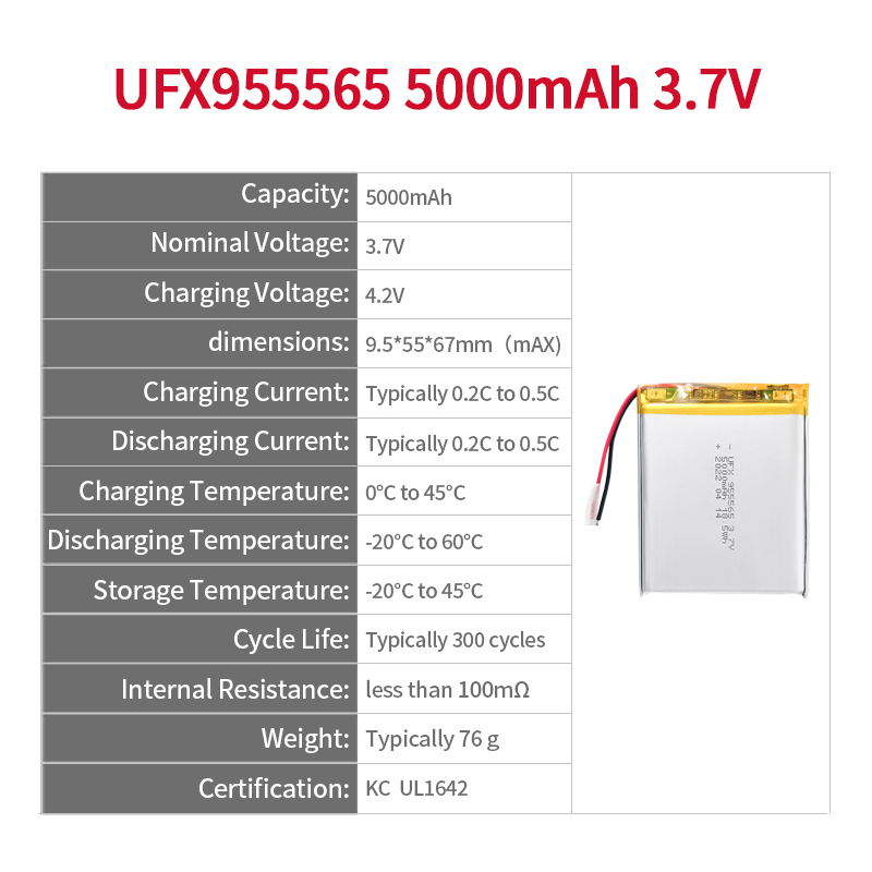 중국 리튬 이온 셀 제조업체 보안 장비용 대용량 배터리를 도매로 제공합니다. UFX 955565 5000mAh 3.7V KC CB UL 인증 이차전지