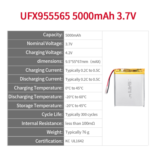 중국 리튬 이온 셀 제조업체 보안 장비용 대용량 배터리를 도매로 제공합니다. UFX 955565 5000mAh 3.7V KC CB UL 인증 이차전지