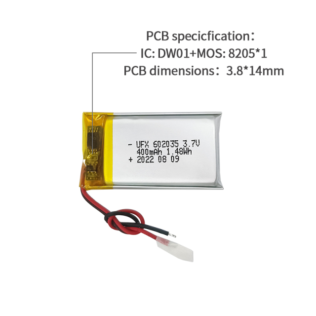 중국 리튬 폴리머 전지 제조업체 스마트 테이블 램프용 도매 충전식 배터리 UFX 602035 400mAh 3.7V 충전식 Li-po 배터리