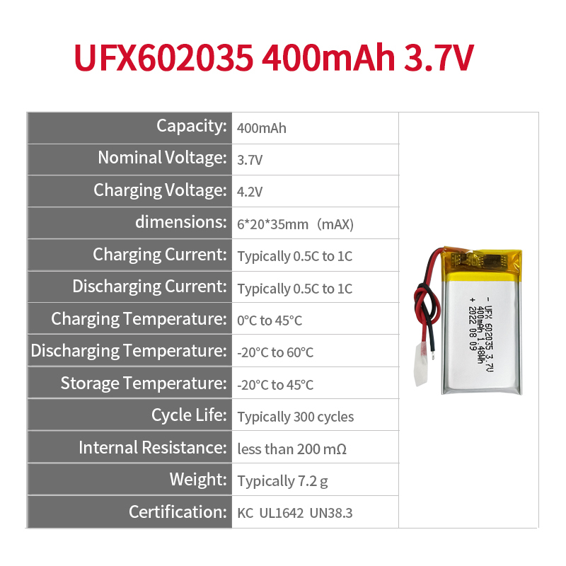 중국 리튬 폴리머 전지 제조업체 스마트 테이블 램프용 도매 충전식 배터리 UFX 602035 400mAh 3.7V 충전식 Li-po 배터리