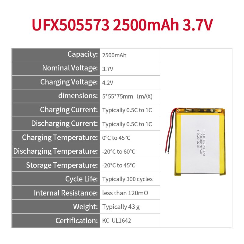 리튬 셀 공장 스피커 리튬 이온 배터리에 대한 전문 사용자 정의 UFX 505573 2500mAh 3.7V 충전식 리튬 이온 배터리