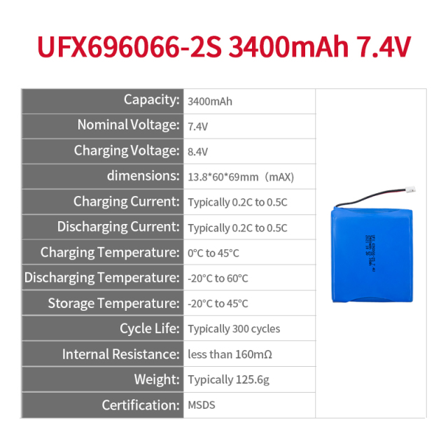 중국 리튬 이온 전지 제조사 공기 청정기용 맞춤형 리튬 이온 폴리머 배터리 UFX 696066-2S 3400mAh 7.4V 리튬 폴리머 배터리