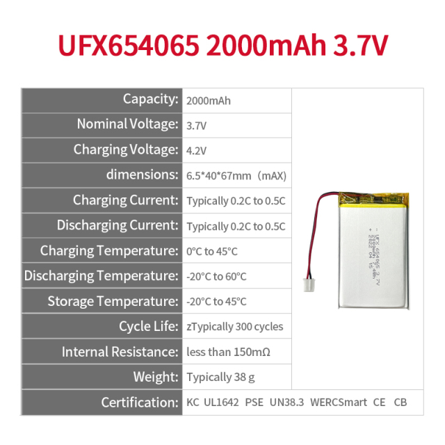 전문 폴리머 리튬 이온 전지 제조업체 뷰티 기기용 고품질 충전식 배터리 생산 UFX 654065 2000mAh 3.7V KC CB UL 인증 이차전지