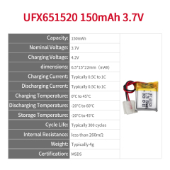 중국 폴리머 리튬 이온 전지 제조업체 스마트 안경 배터리 공급 UFX 651520 150mAh 3.7V 미니 충전식 배터리