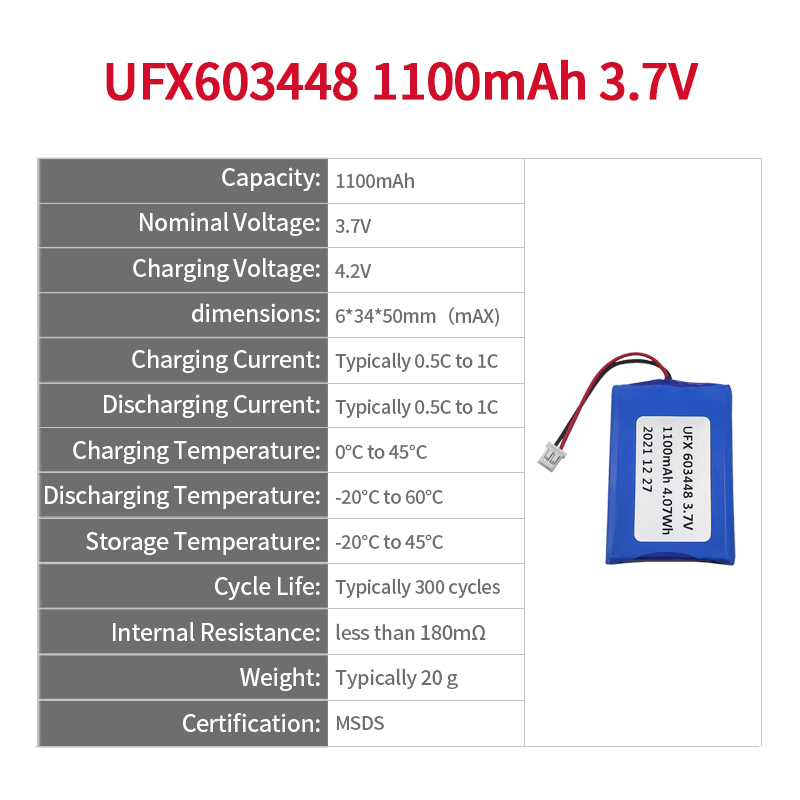 전문 리튬 이온 셀 공장 맞춤형 충전식 배터리 UFX 603448 1100mAh 3.7V 고품질 충전식 배터리