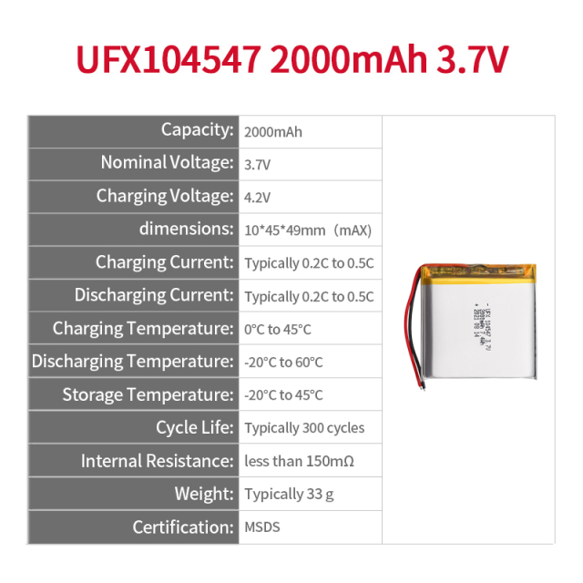 중국 리폴리머 전지 제조업체 도매 의료 장비 충전식 배터리 UFX 104547 2000mAh 3.7V KC CB UL 인증 이차전지