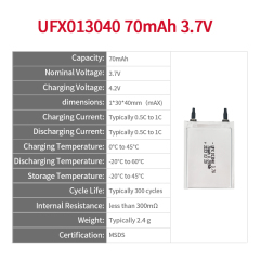 리튬 이온 폴리머 셀 공장 Iot 장치용 도매 초박형 배터리 UFX 013040 70mAh 3.7V 충전식 리튬 폴리머 배터리 팩