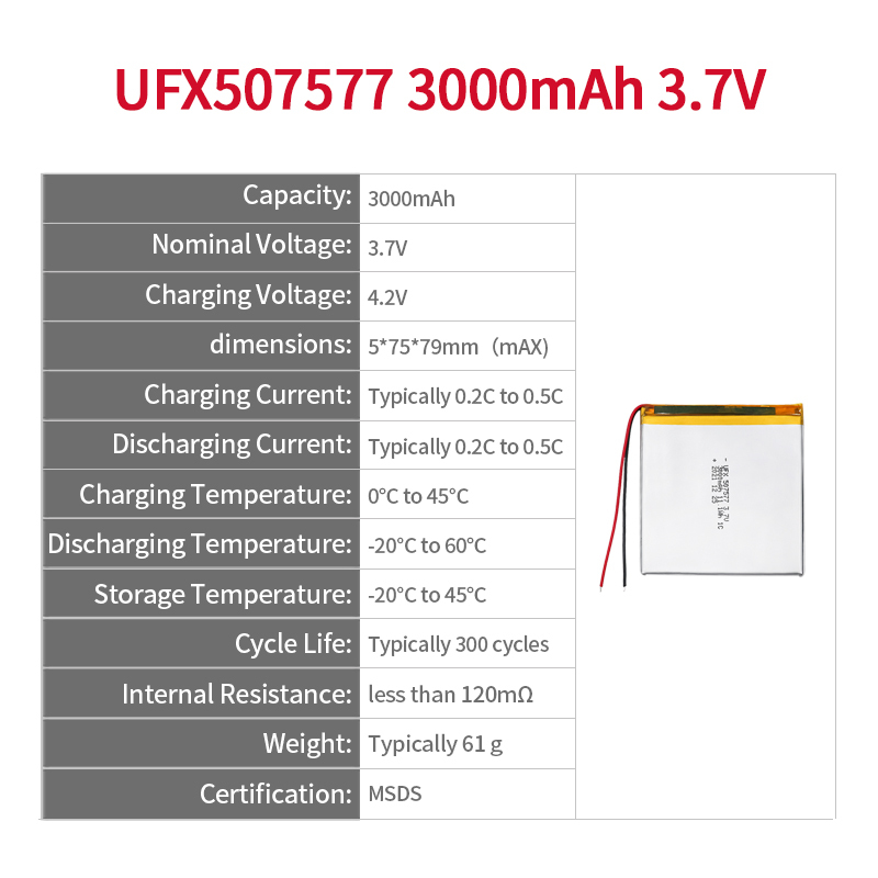 리튬이온 폴리머 셀 공장 디지털 기기 리포 배터리 도매 UFX 507577 3000mAh 3.7V 리튬 폴리머 배터리