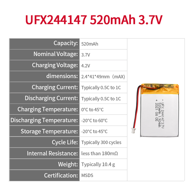 폴리머 리튬 이온 전지 제조업체 도매 얼굴 미용기기 배터리 UFX 244147 520mAh 3.7V 재충전형 배터리