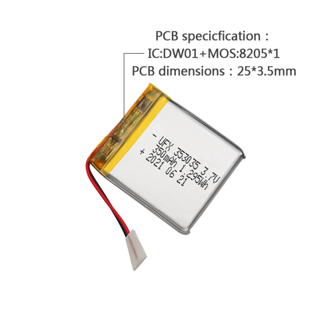 중국 Li-po 셀 공장 조명 장치용 충전식 배터리 생산 UFX 353035 350mAh 3.7V 리튬 폴리머 배터리 팩