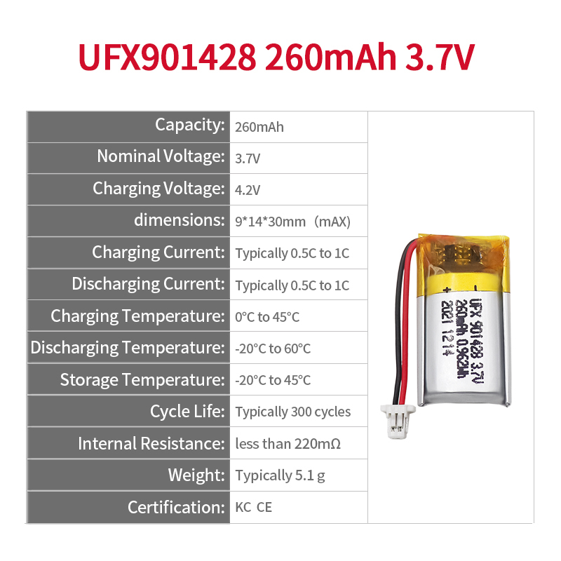 리튬 이온 폴리머 셀 공장 도매 원격 제어 장치 배터리 UFX 901428 260mAh 3.7V 충전식 리튬 폴리머 배터리