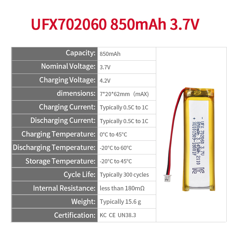 충전식 리튬이온 셀 제조업체 도매 충전식 배터리 UFX 702060 850mAh 3.7V 리튬 이온 폴리머 배터리 팩