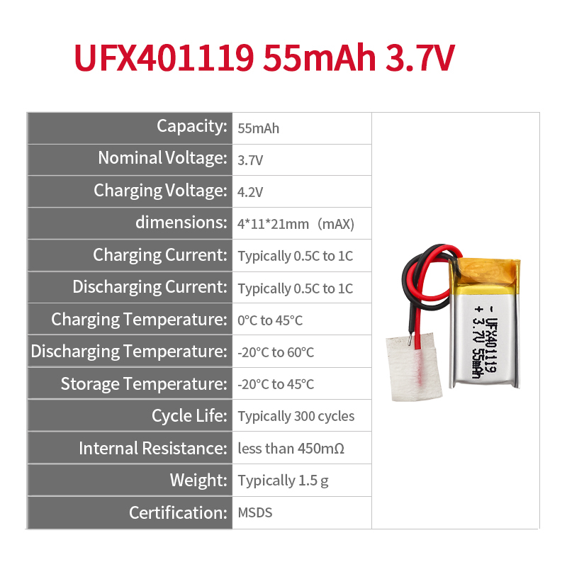 Li-po Cell Manufacturer Wholesale Rechargeable Battery for Mini-speaker UFX 401119 55mAh 3.7V Mini Rechargeable Battery