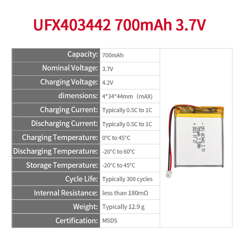 중국 리폴리머 전지 제조업체 스마트 안경 배터리 공급 UFX 403442 700mAh 3.7V 재충전형 배터리 팩
