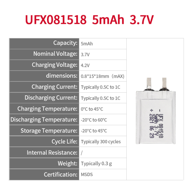 Lithium Ion Polymer Cells Factory Wholesale Super Thin Battery for Iot Device UFX081518 5mAh 3.7V Rechargeable Lithium-polymer Battery Pack