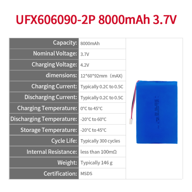 China Li-ion Cell Manufacturer Custom Air Cleaner Battery UFX 606090-2P 8000mAh 3.7V  Discharge Battery Pack