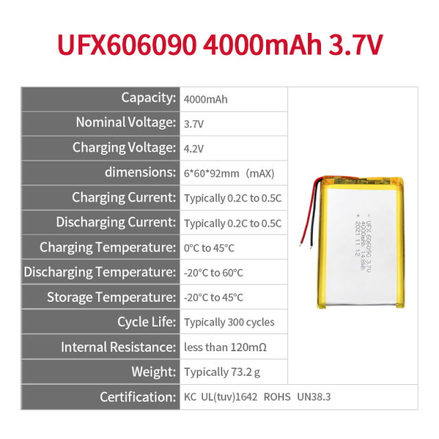 Lithium Cell Factory Low Temperature Lithium battery UFX 606090 4000mAh 3.7V Li-po Battery