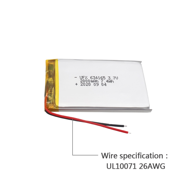 Lipo Cell Manufacturer Wholesale Medical Wearable Equipment Rechargeable Battery UFX 634165 2000mAh 3.7V Rechargeable Lithium-polymer Battery Pack
