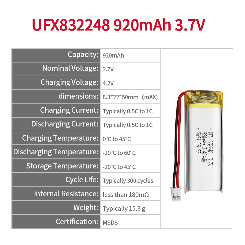 중국 리튬 이온 셀 공장 미용기기 배터리 공급 UFX 832248 920mAh 3.7V 충전식 리튬 폴리머 배터리 팩