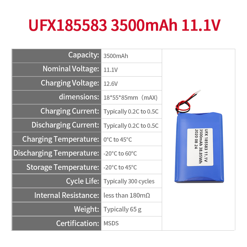 Li-ion Polymer Battery Pack Customized Rechargeable Battery UFX 185583 3500mAh 11.1V Rechargeable Battery Pack