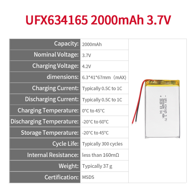 Lipo Cell Manufacturer Wholesale Medical Wearable Equipment Rechargeable Battery UFX 634165 2000mAh 3.7V Rechargeable Lithium-polymer Battery Pack