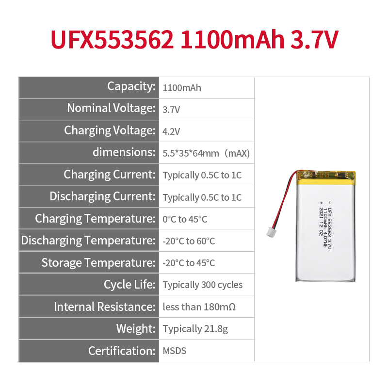 중국 배터리 공장 맞춤형 출입문 카드 배터리 UFX 553562 1100mAh 3.7V 안전 리튬 배터리