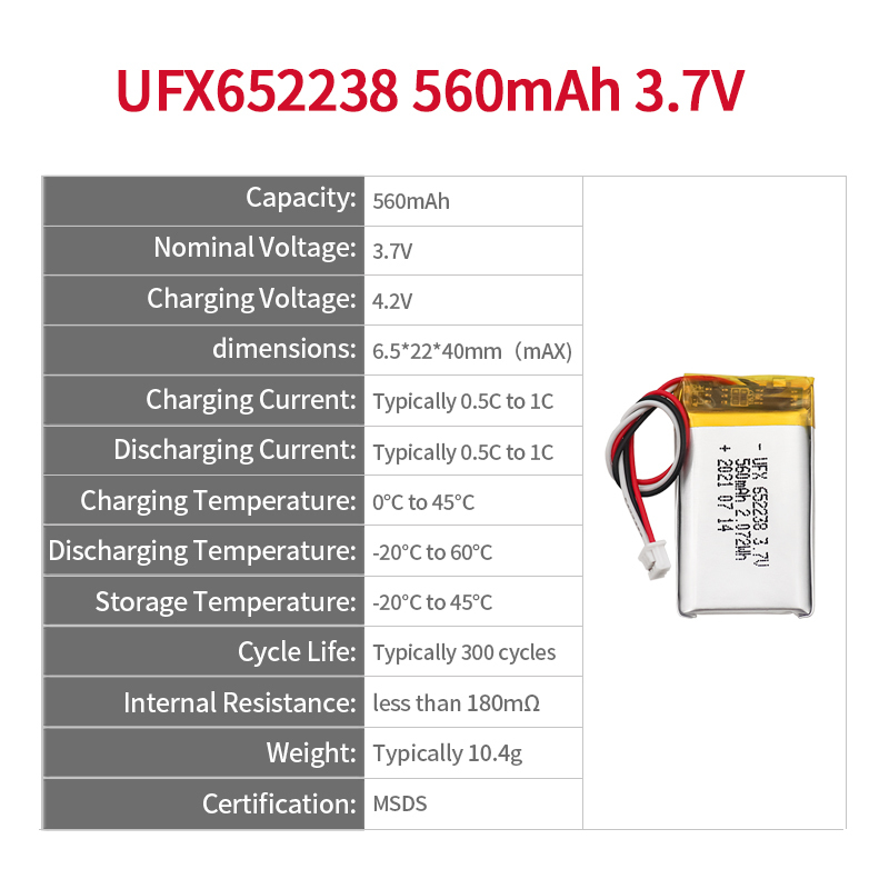 China Lipo Cell Manufacturer Supply Fire Emergency Lights Batteries UFX 652238 560mAh 3.7V Li-ion Battery