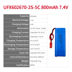 전문 리튬 이온 셀 공장 도매 조명 장치 배터리 UFX 602670-2S-5C 800mAh 7.4V 5C 방전 배터리 팩