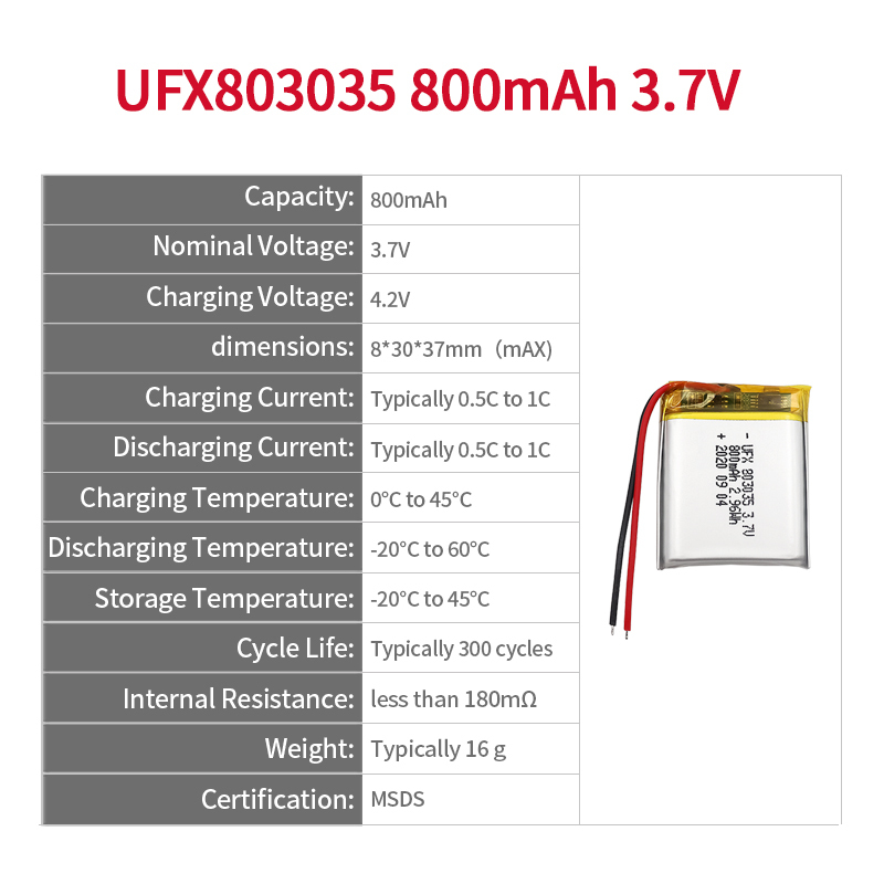 중국 폴리머 리튬 이온 셀 공장 의료장비용 인기 상품 배터리 UFX 803035 800mAh 3.7V 재충전형 배터리