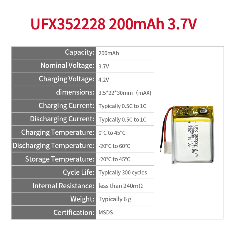 리튬 이온 폴리머 배터리 팩 전문 커스텀 LED 라이트 배터리 UFX 352228 200mAh 3.7V 소형 리폴리머 배터리