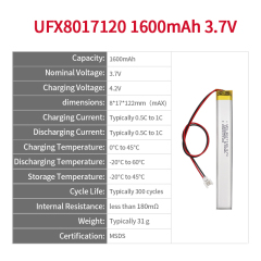 China Best Lithium-ion Polymer Cell Manufacturer Supply Children Toy Rechargeable Battery UFX 8017120 1600mAh 3.7V Lithium-polymer Battery