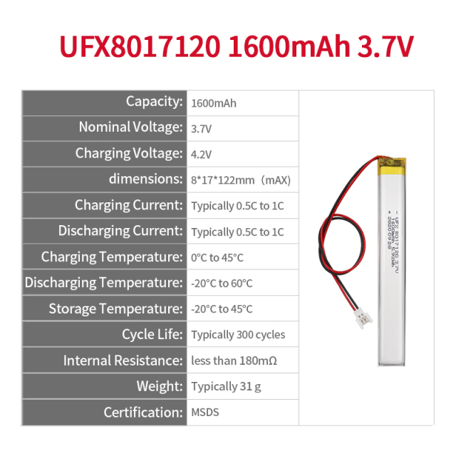 China Best Lithium-ion Polymer Cell Manufacturer Supply Children Toy Rechargeable Battery UFX 8017120 1600mAh 3.7V Lithium-polymer Battery