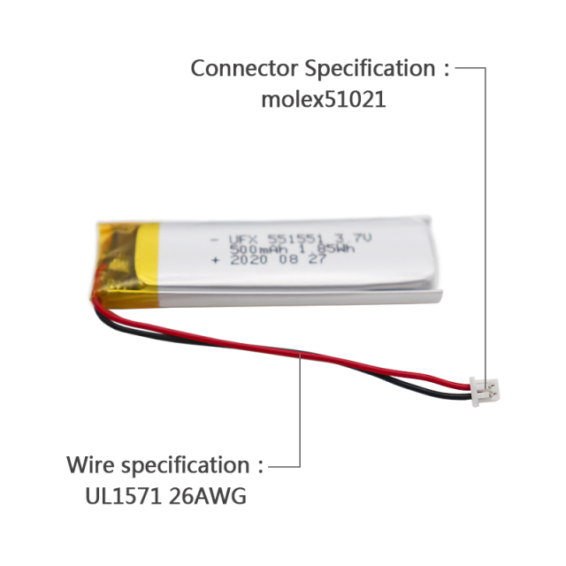 중국 폴리머 리튬 이온 전지 제조업체 OEM 어린이 장난감 배터리 UFX 551551 500mAh 3.7V