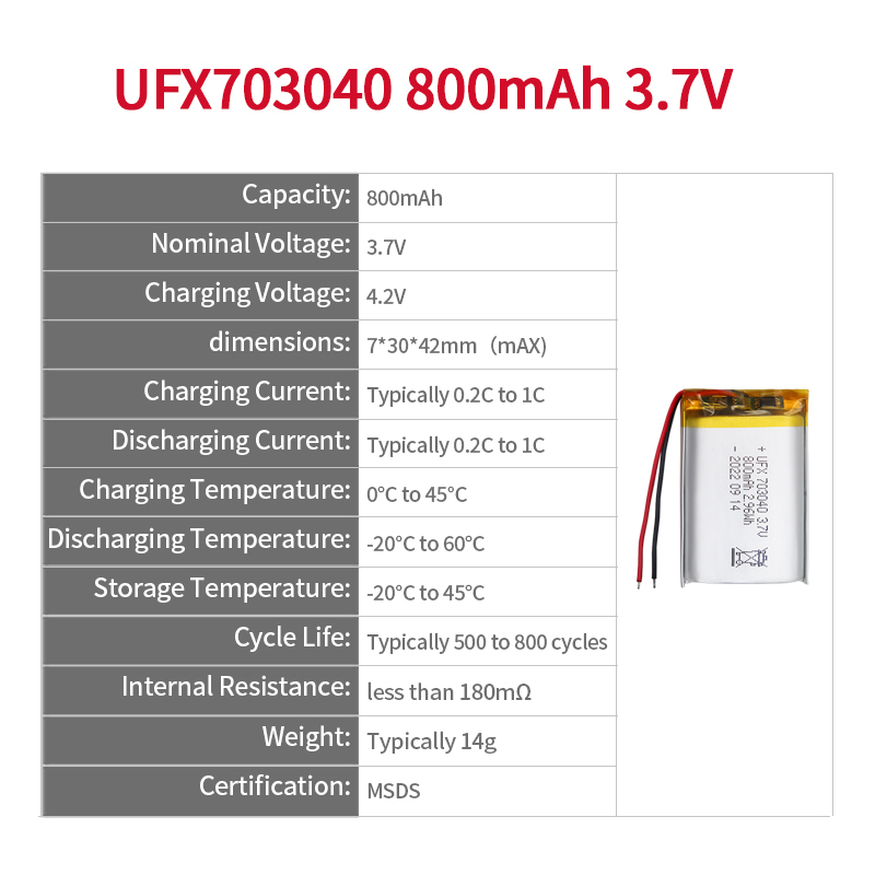 중국 폴리머 리튬 이온 셀 공장 의료장비용 인기 상품 배터리 UFX 803035 800mAh 3.7V 재충전형 배터리