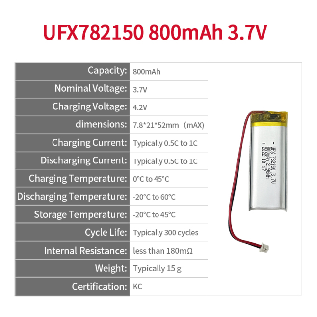 Chinese Li-po Cell Factory Customized VR Glasses Battery UFX782150  800mAh 3.7V Lithium-polymer Battery