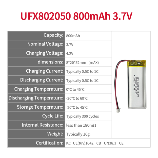 China Cell Factory Wholesale High Quality Massager Battery UFX 802050 800mAh 3.7V Li-polymer Cell