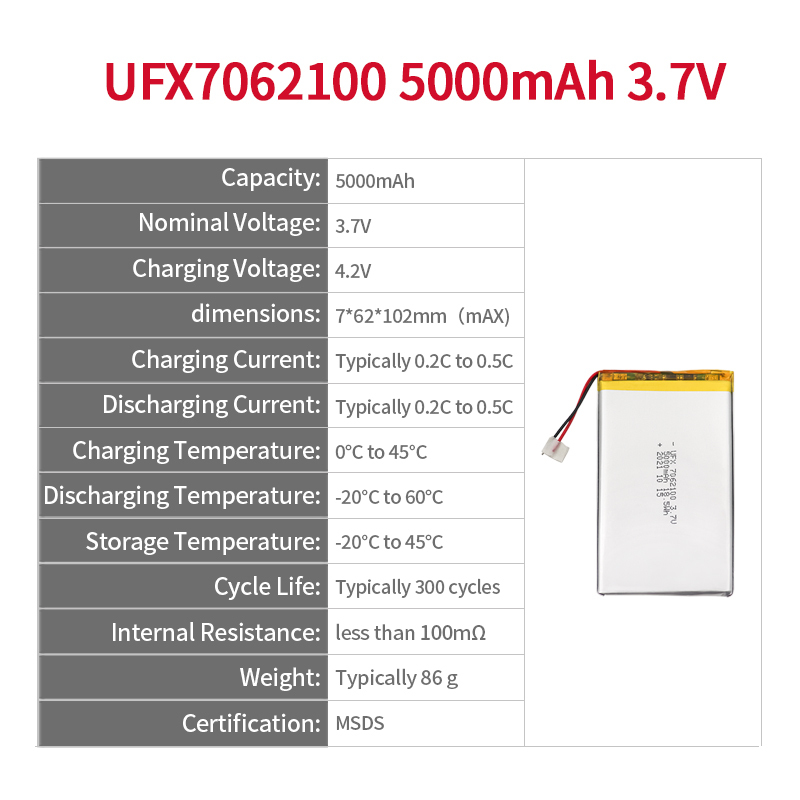 UFX 7062100 5000mAh 3.7V 스피커 전용 리튬 이온 배터리의 전문 제작