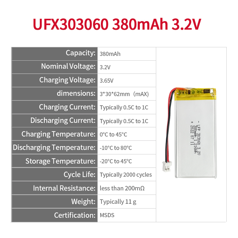 UFX303060 380mAh 3.2V China LiFeO4 Battery Factory Professional Custom