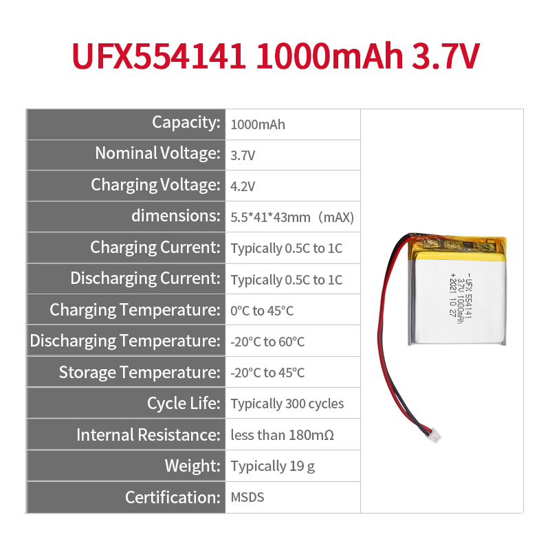 UFX 554141 1000mAh 3.7V UL인증서