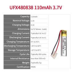 Li-polymer Cells Factory Supply Smart Wearable Device Battery UFX 480838 110mAh 3.7V Li-po Battery Pack
