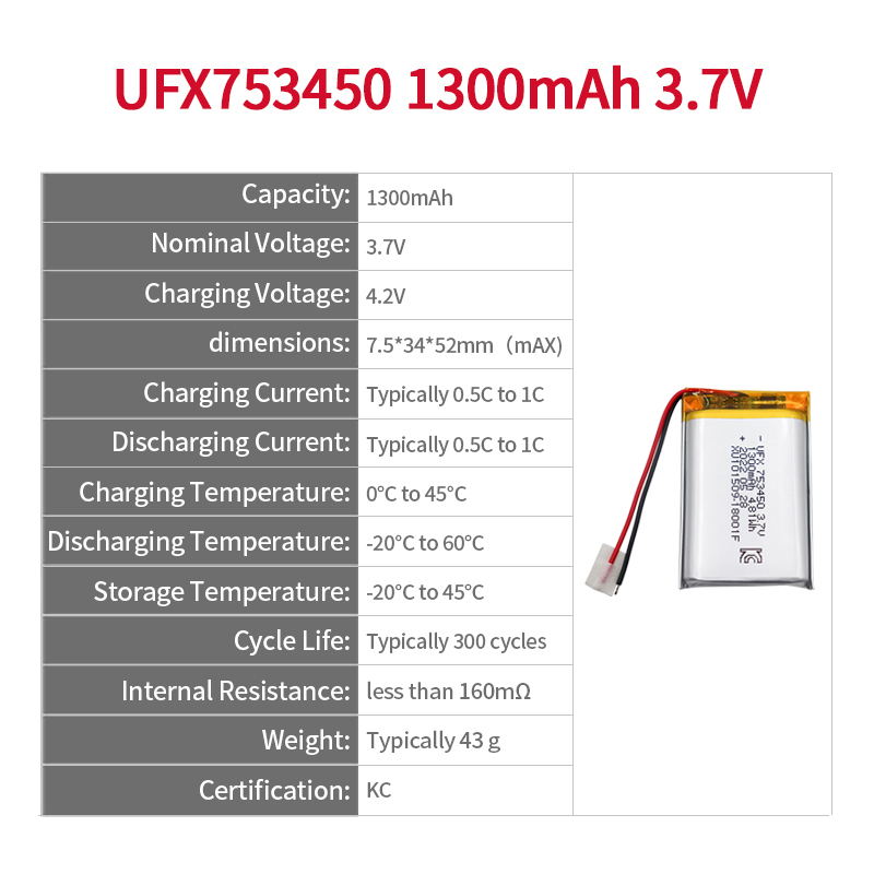 Li-ion Polymer Cell Factory Low Temperature Lithium battery UFX 753450 1300mAh 3.7V Mini Li-polymer Battery