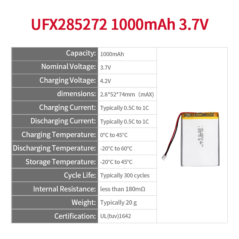 Li-po Cell Manufacturer Produce High Quality Rechargeable Battery for Beauty Instrument UFX 285272 1000mAh 3.7V UL Certificate