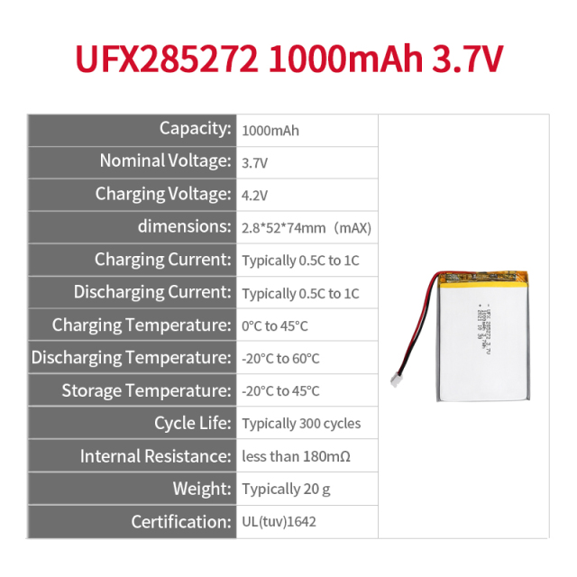 Li-po Cell Manufacturer Produce High Quality Rechargeable Battery for Beauty Instrument UFX 285272 1000mAh 3.7V UL Certificate